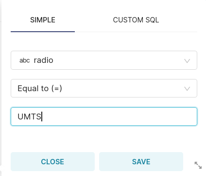 radio 값이 UMTS인 항목에 대한 필터